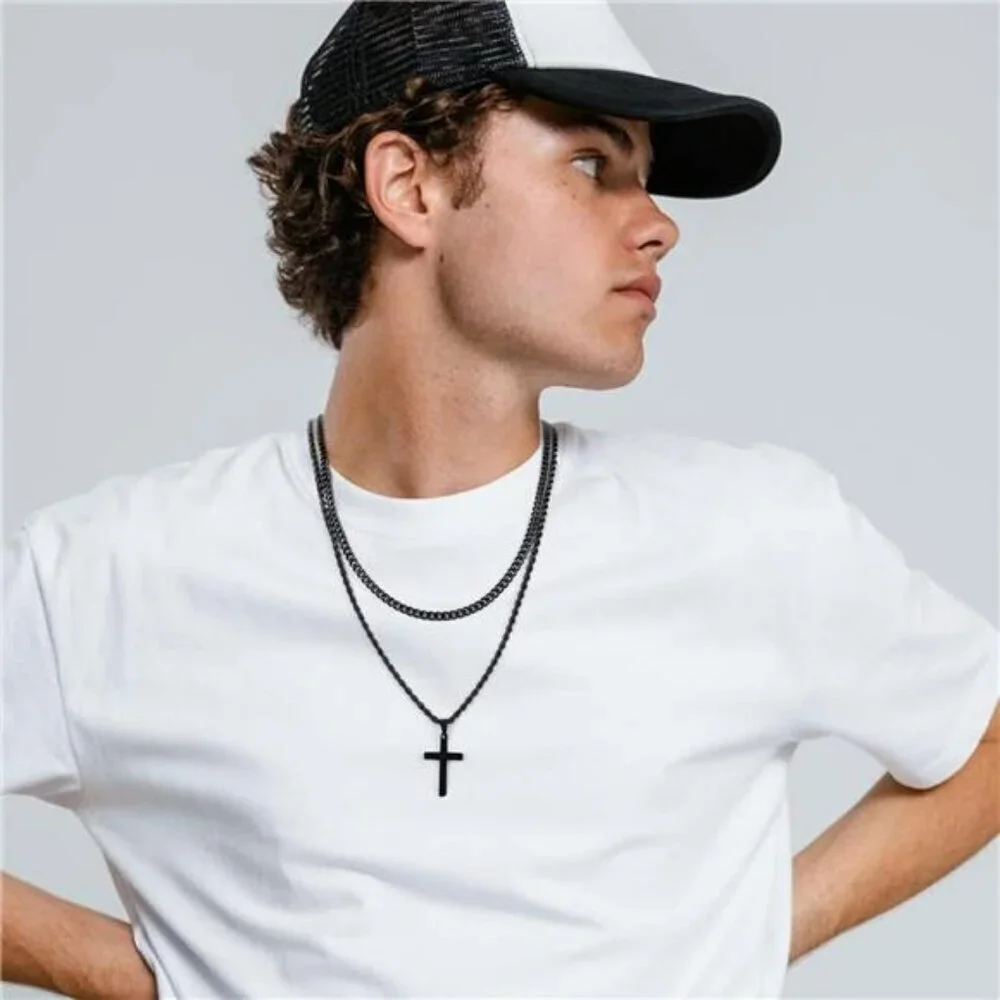 Yooblue Mens Cross Necklace Stainless Steel Silver Gold Black Pendant Chain